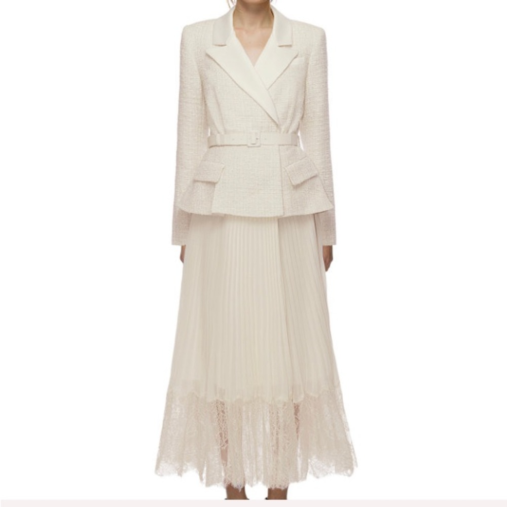 SELF-PORTRAIT CREAM TAILORED BOUCLE AND CHIFFON MIDI DRESS